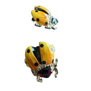 Yellow/Orange Enamel Ladybug Brooch with Black Spots, Red Eyes Set of 2, Damaged